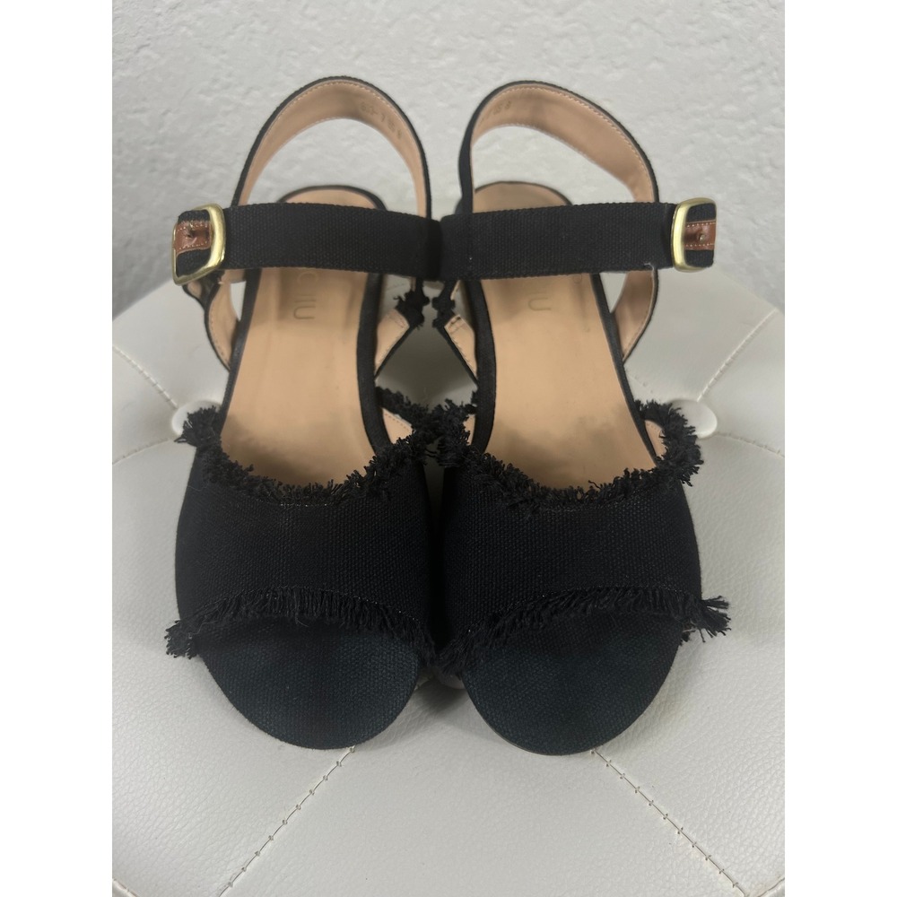 Sumojiu Black Canvas Frayed Fringe Espadrille Wedge Sandals Women US 8